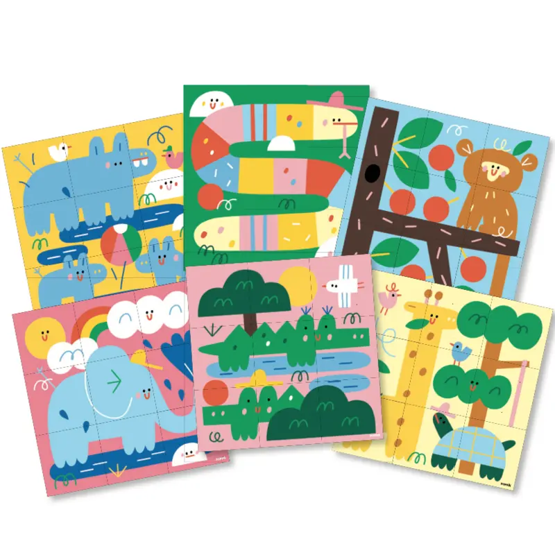 The Poppik Sticker Cards Set - Baby – Animals includes six playful, vibrant animal scenes—hippo, birds, snake, monkey in a tree with apples, pink elephant under a rainbow, and a turtle under a tree—perfect for preschool activities.