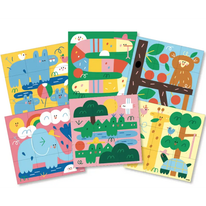 The Poppik Sticker Cards Set - Baby – Animals includes six playful, vibrant animal scenes—hippo, birds, snake, monkey in a tree with apples, pink elephant under a rainbow, and a turtle under a tree—perfect for preschool activities.