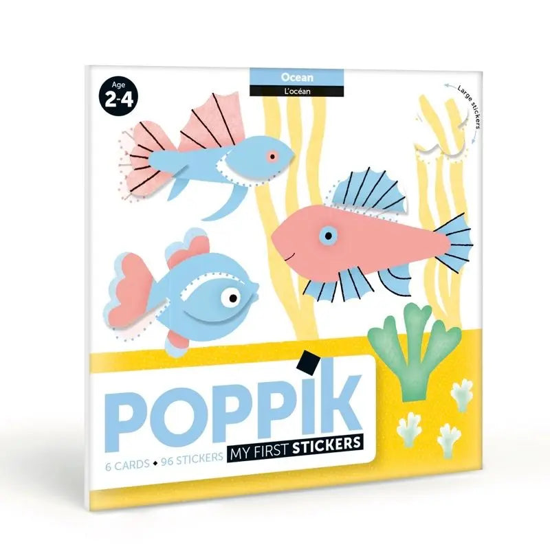 A box of "Poppik Sticker Card Set Baby – Ocean" for ages 2-4, featuring pink and blue fish, yellow seaweed, and green coral. Includes 6 cards and 96 stickers to help preschoolers develop fine motor skills with fun activities.