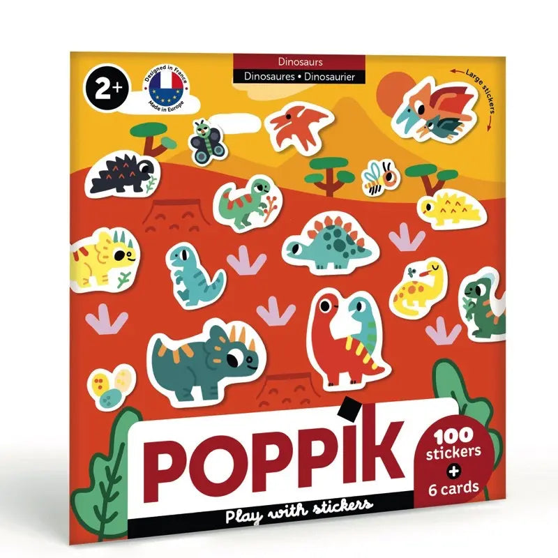 The Poppik Sticker Cards Set - Baby – Dinosaurs features 100 colorful cartoon dino stickers and 6 portable cards with a red-orange prehistoric scene, perfect for dinosaur-themed preschool activities. Suitable for ages 2+.
