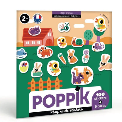 The Poppik Sticker Cards Set - Baby - Baby Animals includes 100 stickers and 6 portable cards with cartoon animals, flowers, and a farm scene. Designed for ages 2+, it’s perfect for preschool activities and creative fun on the go.