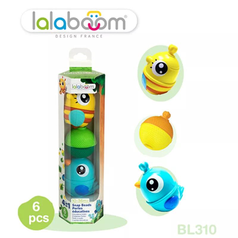 A package of Lalaboom Set 2 Animals & 1 Bead - 6pcs with different colors and shapes.