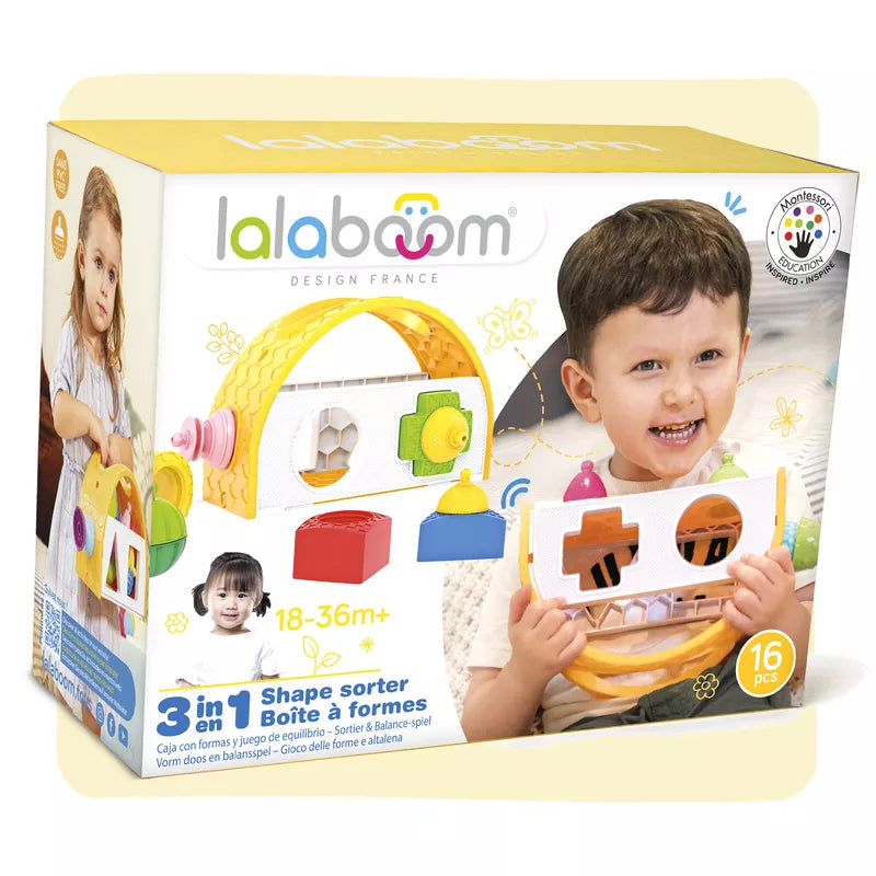 A box with a picture of a child holding the Lalaboom Shape Sorter-Balancing Game - 9 PCS.