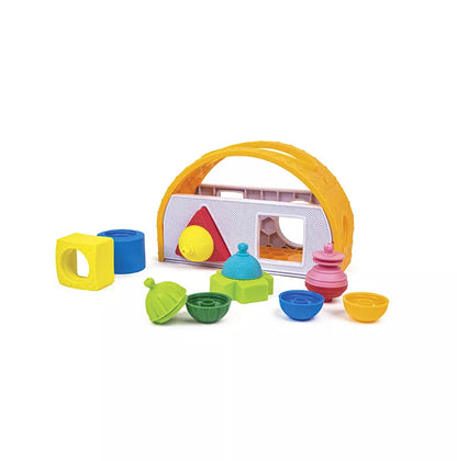 A Lalaboom Shape Sorter-Balancing Game - 9 PCS with baby's play set and toys.
