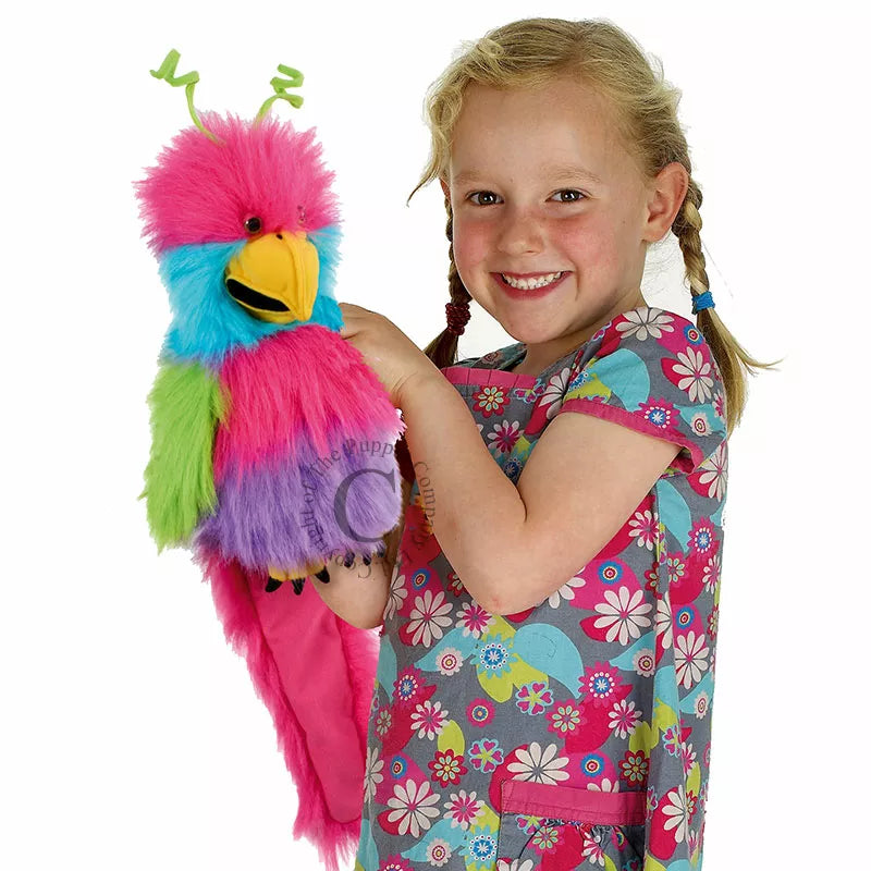 A Bird Hand Puppet, shaped like a Bird of Paradise, mouth moving. Large enough for children and adults to play with.