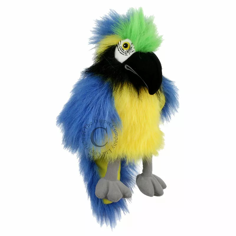 A Bird Hand Puppet, shaped like a Baby Bird Blue Macaw, mouth moving. Large enough for children and adults to play with.