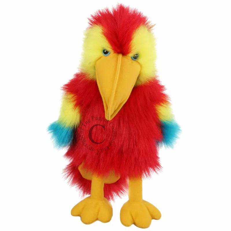 A Bird Hand Puppet, shaped like a Baby Bird Scarlet Macaw, mouth moving. Large enough for children and adults to play with.