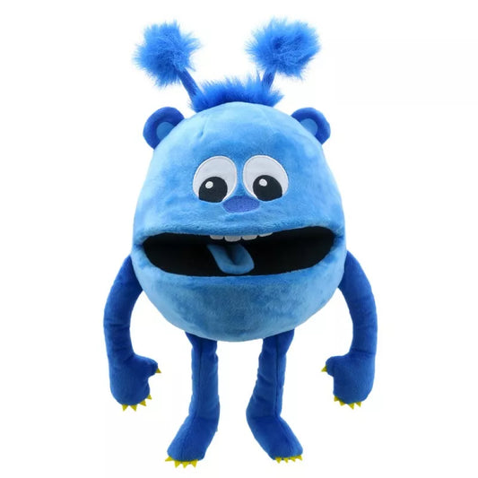 A Baby Monster Blue hand puppet, with a head a large as a melon. It has big sweet eyes and is mouth moving.