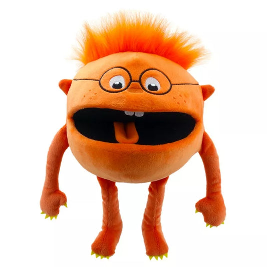 A Baby Monster Orange hand puppet, with a head a large as a melon. It has big sweet eyes and is mouth moving.