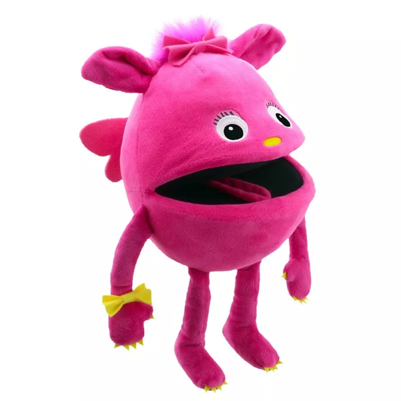 A Baby Monster Pink hand puppet, with a head a large as a melon. It has big sweet eyes and is mouth moving.