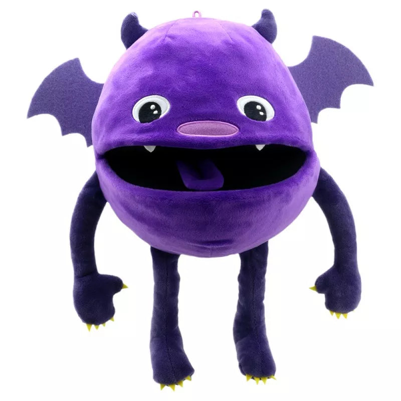 A Baby Monster Purple hand puppet, with a head a large as a melon. It has big sweet eyes and is mouth moving.