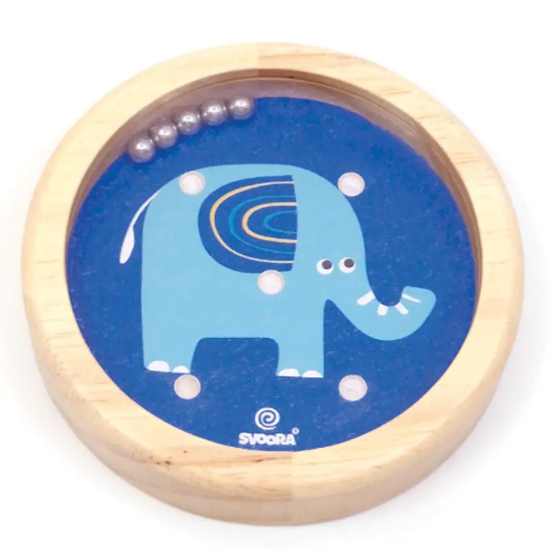 The Wooden Balance Game Elephant is a round wooden maze toy with a blue elephant design. Guide silver balls through holes on its body—an engaging balance and travel game for kids.