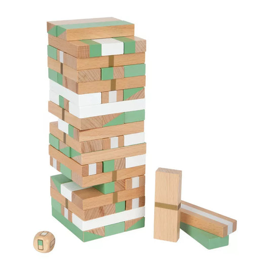 A stack of Wobbly Tower "Gold Edition" wooden blocks next to a ball.