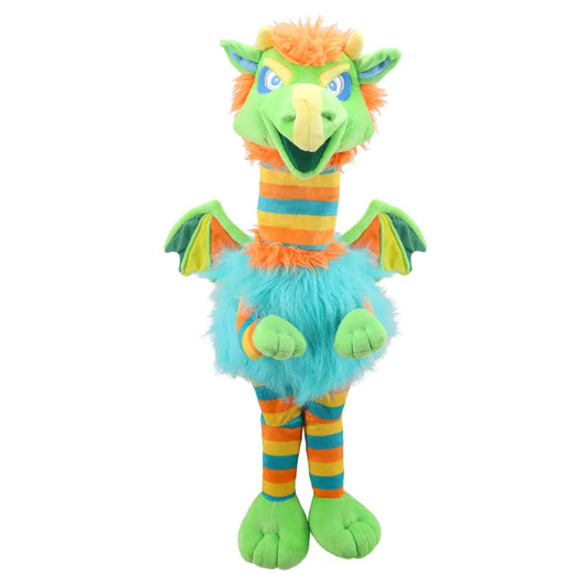 Introducing the Puppet Company Striders Dragon Balderdash—a colorful dragon plush toy with green legs, arms, and wings, a fuzzy blue belly, an orange mane, and orange-and-blue striped neck and legs. This playful children's toy boasts blue, expressive eyes. Perfect for sparking imaginative adventures!