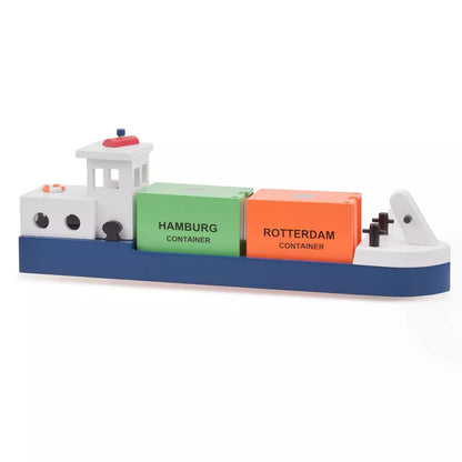 A New Classic Toys Barge with 2 Containers with a name on it.
