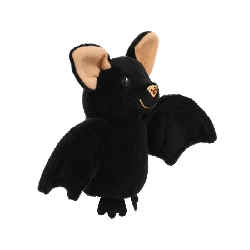 Introducing the Bat Finger Puppet Decoration: a plush black bat toy featuring beige inner ears and an orange-stitched nose, smiling as it spreads its wings against a white background—ideal for whimsical Halloween décor or imaginative play.