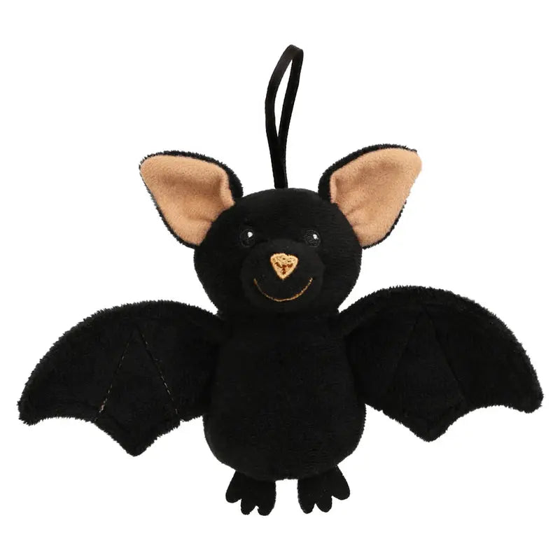 The Bat Finger Puppet Decoration is a plush black bat toy featuring tan inner ears, a small orange nose, a stitched smile, and a convenient loop on its head for hanging. With wide open wings, this adorable and friendly bat makes a delightful Halloween decoration or can be used as an imaginative finger puppet for play.