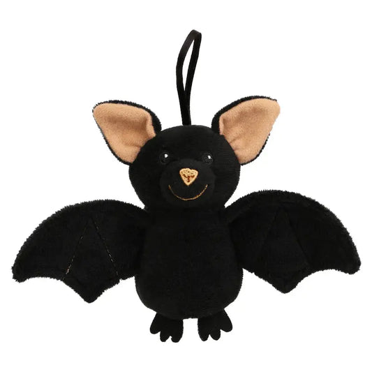 The Bat Finger Puppet Decoration is a plush black bat toy featuring tan inner ears, a small orange nose, a stitched smile, and a convenient loop on its head for hanging. With wide open wings, this adorable and friendly bat makes a delightful Halloween decoration or can be used as an imaginative finger puppet for play.