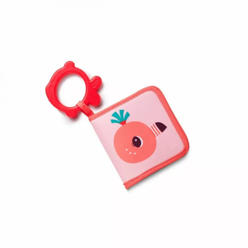 A pink and red Lilliputiens Anais Bath Playbook baby toy.