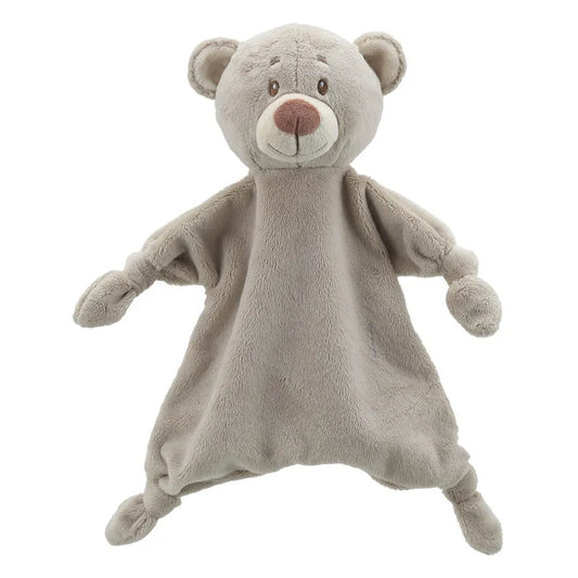 A soft, stuffed plush bear toy in light gray color with a smiling face. The Comforter Bear Wilberry ECO has floppy arms and legs, tiny round ears, an embroidered nose and eyes, and is perfect for sensory play. Its loosely shaped, flat body makes it ideal for cuddling. Made from recycled plastic bottles.