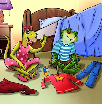 A cartoon picture of Being a Superhero English French Children's Book by Kidkiddos and a frog sitting on the floor.