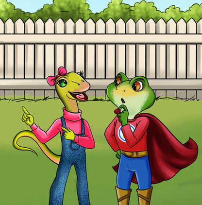 A cartoon picture in the Being a Superhero English French Children's Book by Kidkiddos of a lizard and a mouse.