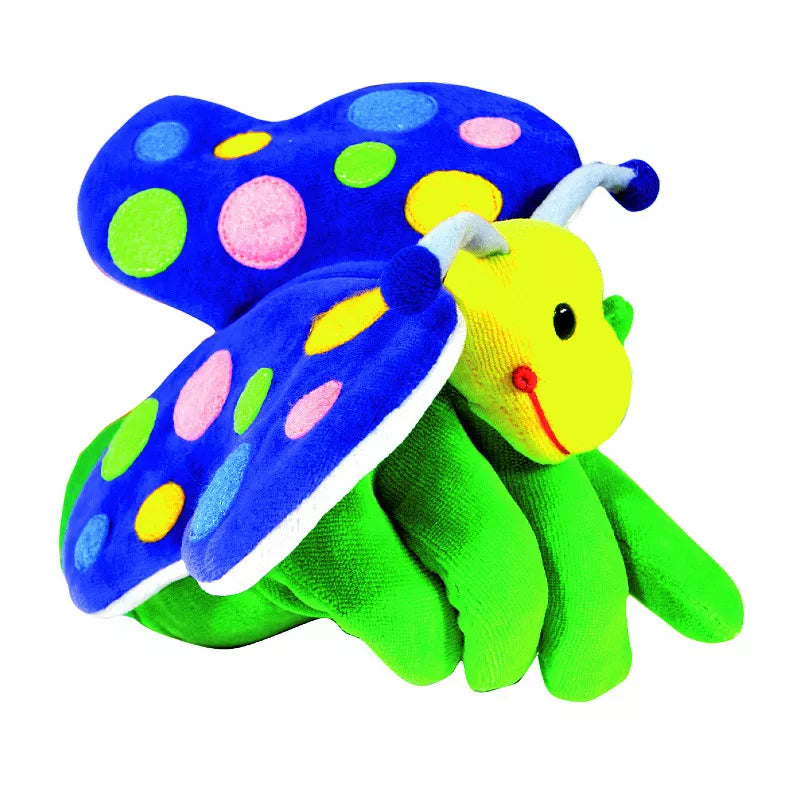 A Beleduc Hand Puppet Butterfly with a blue and yellow bug on its back.