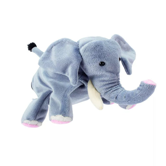 A Beleduc Hand Puppet Elephant sitting on top of a white surface.