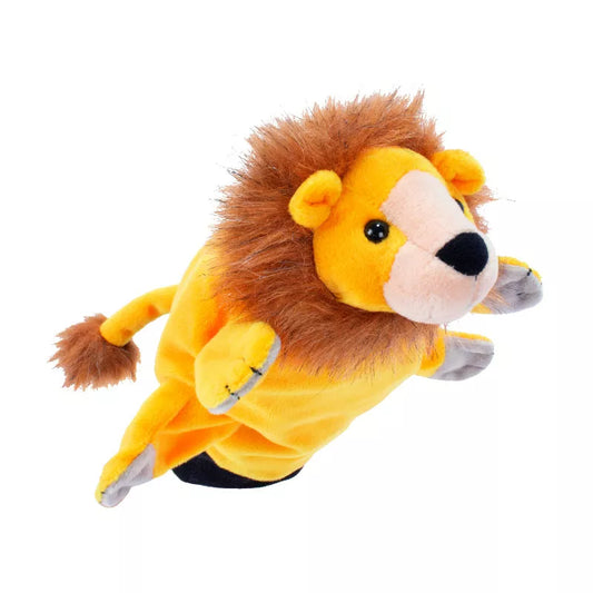 A Beleduc Hand Puppet Lion laying on its back on a white background.