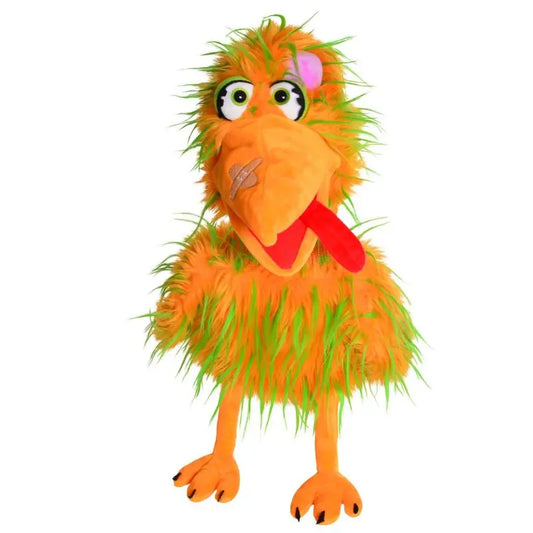 The Living Puppets Bernie the Bird Hand Puppet features bright orange and green fur, big eyes, a patched orange beak, red tongue, and long orange legs—perfect for storytime fun.