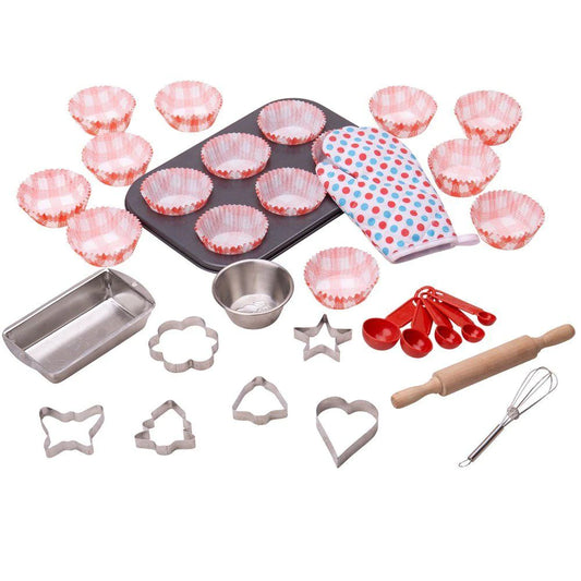 A Bigjigs Young Chef's Baking Set with cupcakes and cookie cutters.