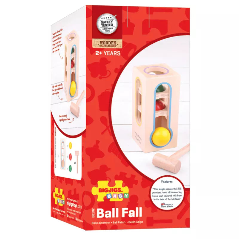 Product packaging for "Bigjigs Ball Fall" toy, displaying a wooden tower with colorful balls, suitable for children aged 2 years and older. The box highlights safety features, educational benefits.