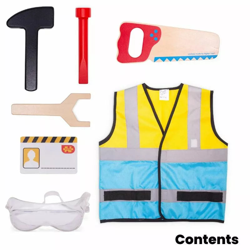 The Bigjigs Builder Dress Up Set with Builder Helmet, a construction toy set by Bigjigs, includes a vest, a hammer, and other items.