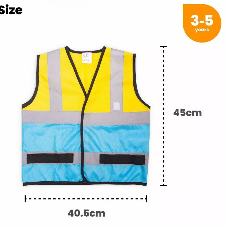 A Bigjigs Builder Dress Up Set with Builder Helmet in blue and yellow with measurements.