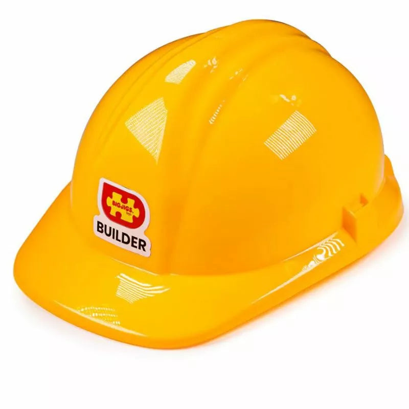 A Bigjigs Builder Dress Up Set with Builder Helmet, with the word builder on it.