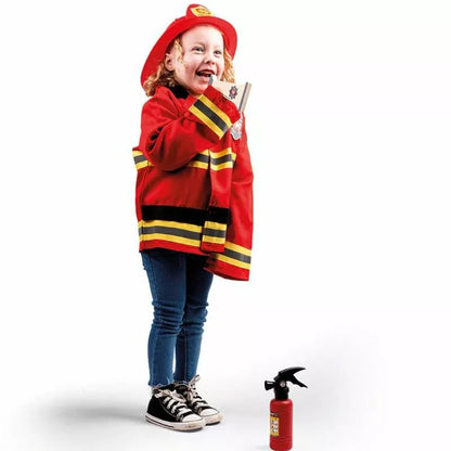A little girl dressed as a firefighter holding the Bigjigs Firefighter Dress Up Set with Firefighter Helmet.