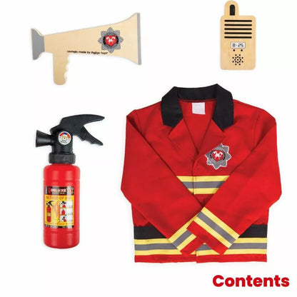 A Bigjigs Firefighter Dress Up Set with Firefighter Helmet, including a whistle and other items.