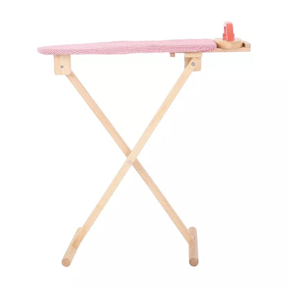 A Bigjigs wooden ironing board with a pink cover.