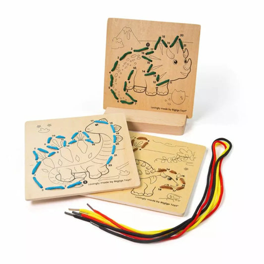 A wooden block with a picture of a dragon on it has nothing to do with Bigjigs Lacing by Numbers - Dinosaurs from the brand Bigjigs.