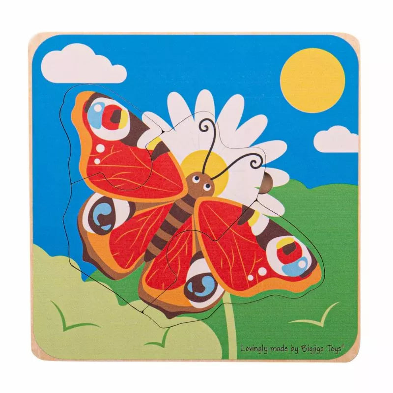 A picture of the Bigjigs Lifecycle Puzzle Butterfly on a flower.