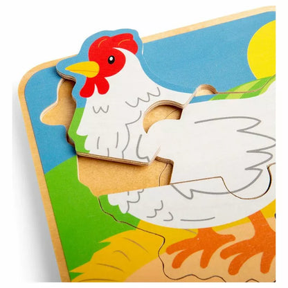 A close up of a Bigjigs Lifecycle Puzzle Chicken.