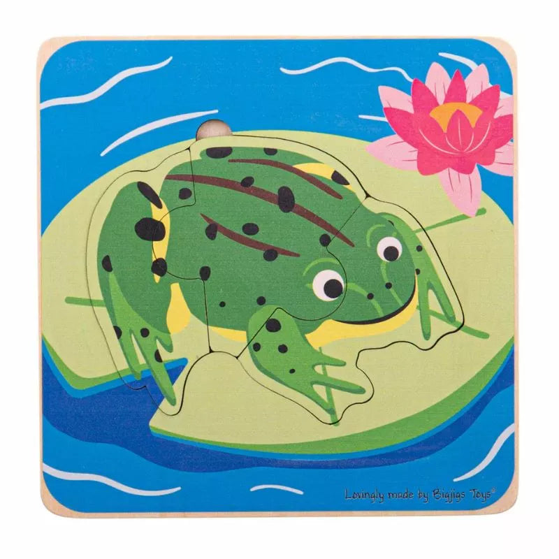 A picture of a Bigjigs Lifecycle Puzzle Frog on a flower.