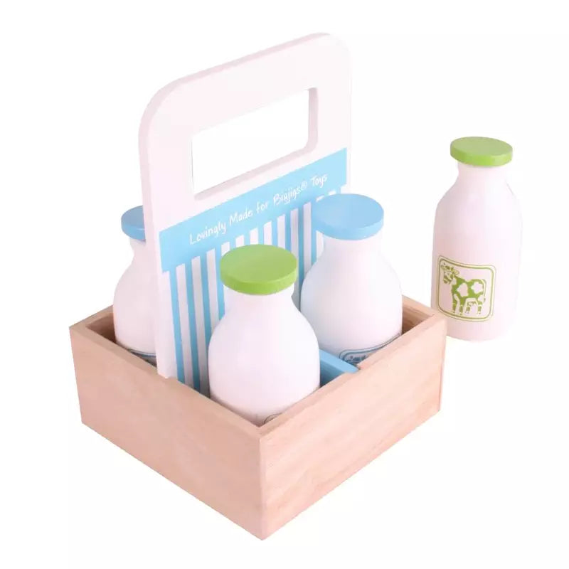 A wooden box with a Bigjigs Milk Delivery bottle of milk and a Bigjigs Milk Delivery bottle of milk.