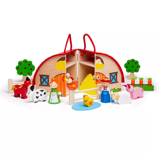 A Bigjigs Mini Farm Playset with toy animals and a bag.