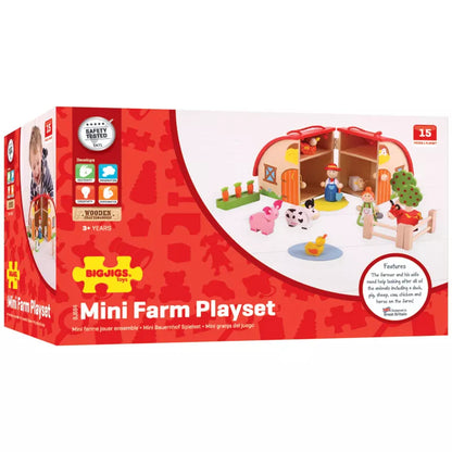 The Bigjigs Mini Farm Playset is in the box, complete with wooden play pieces.