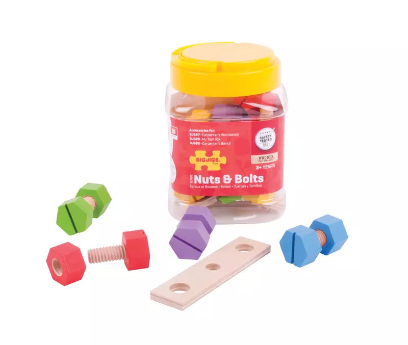 A Bigjigs jar filled with lots of colorful wooden toys.