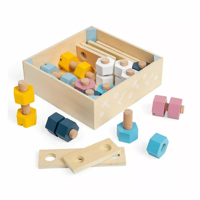 A crate of nuts and bolts filled with different colored wooden toys.