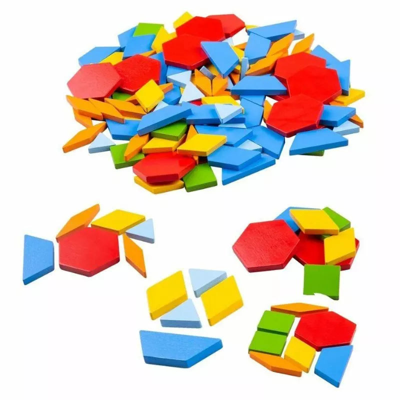 A pile of colorful Bigjigs Pattern Tiles on a white background.