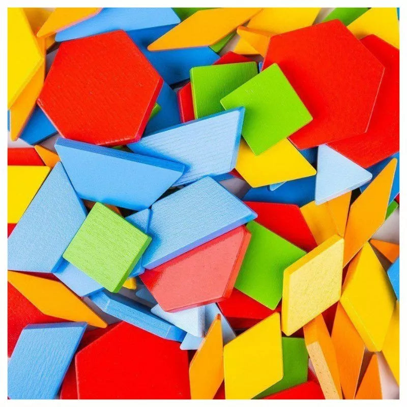A pile of brightly colored Bigjigs Pattern Tiles.