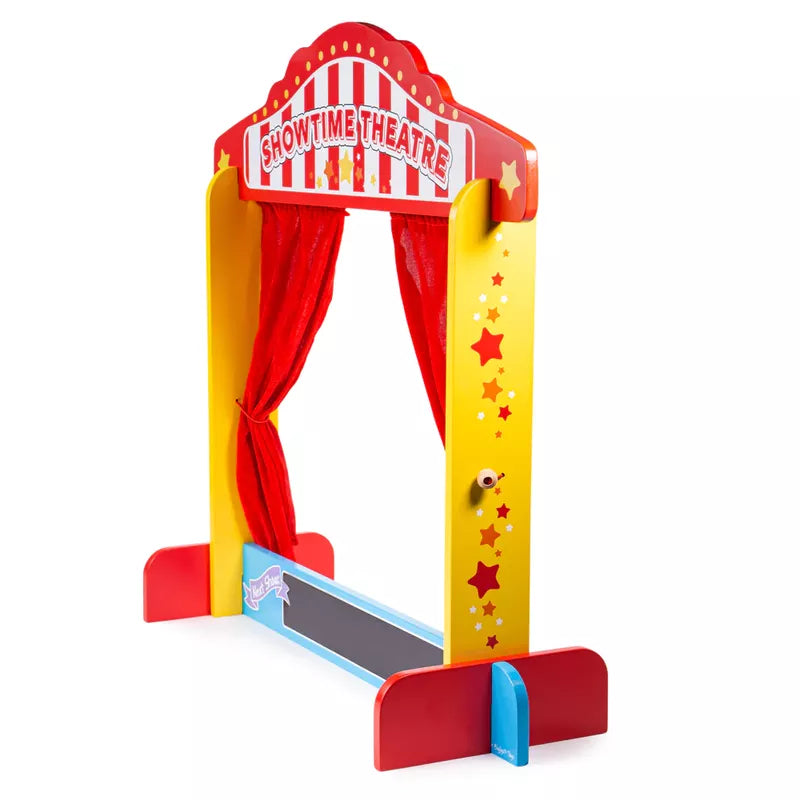 A Bigjigs Table Top Theatre with a red curtain and stars.